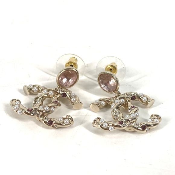 CHANEL Pink Pearl Logo Earrings